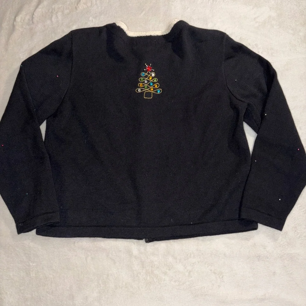 Vintage Berek Christmas Cardigan Sweater Womens Large Black Sequin Santa Holiday